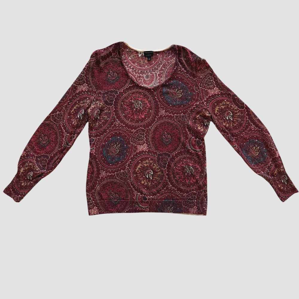 Talbots Womens Large Burgundy Red 100% Merino Wool Paisley Medallion Sweater
